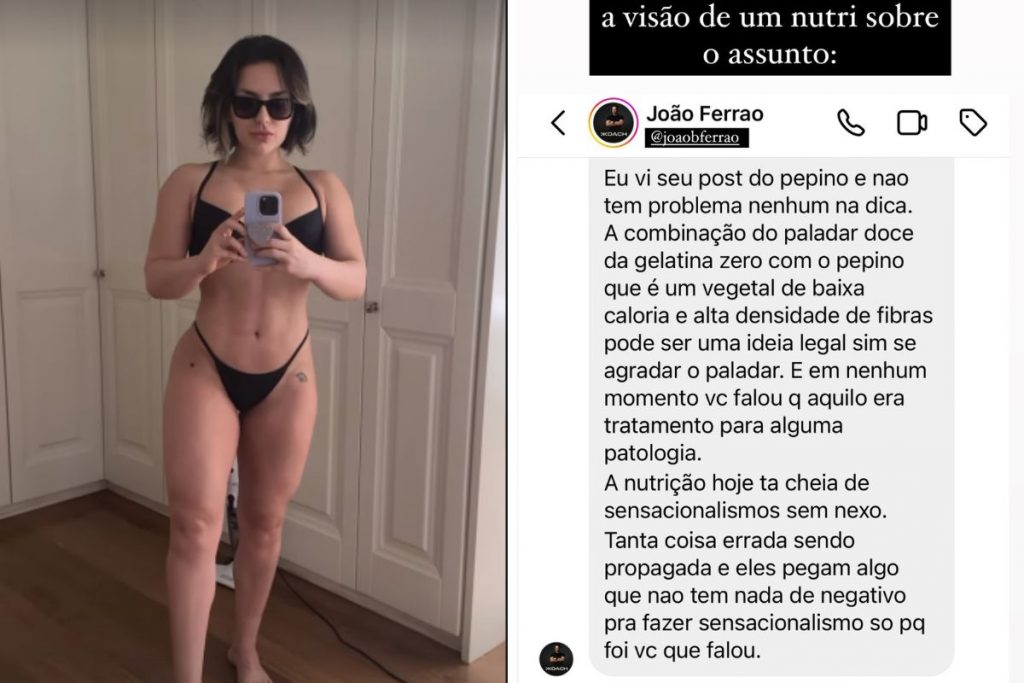 Kéfera de biquíni e texto de nutricionista