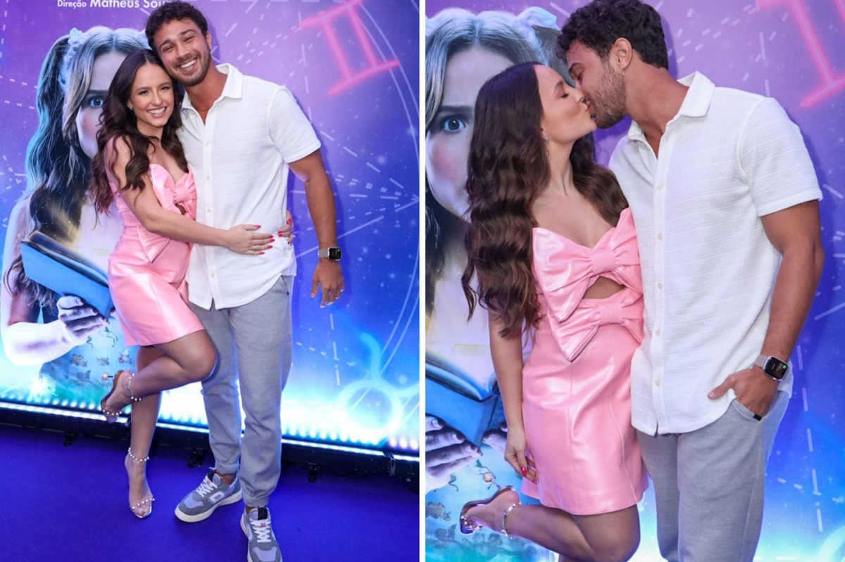Larissa Manoela de vestido curto rosa com laços grandes frontais com André Luiz Frambach, de camisa branca e calça cinza