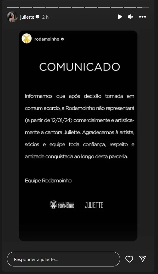 Comunicado de fim de parceria profissional entre Juliette e empresa de Anitta