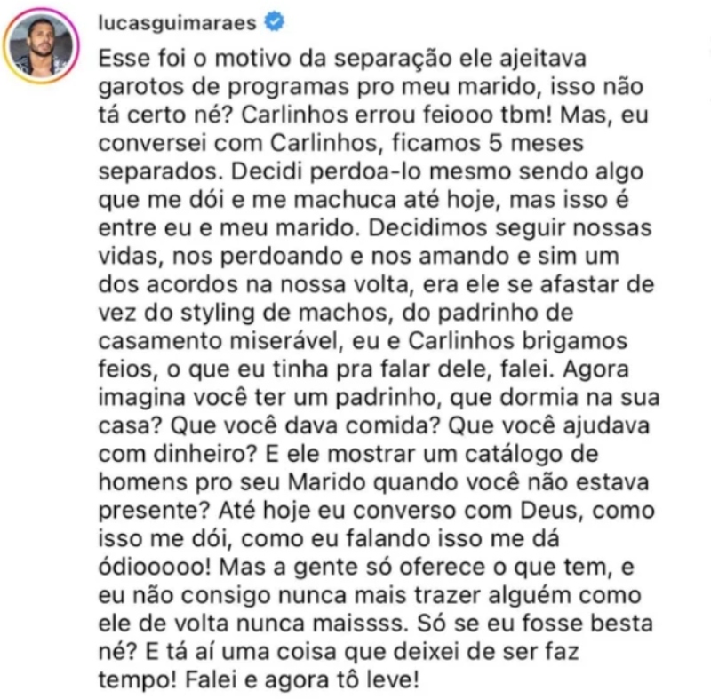 Postagem de Lucas Guimarães sobre Dudu Farias