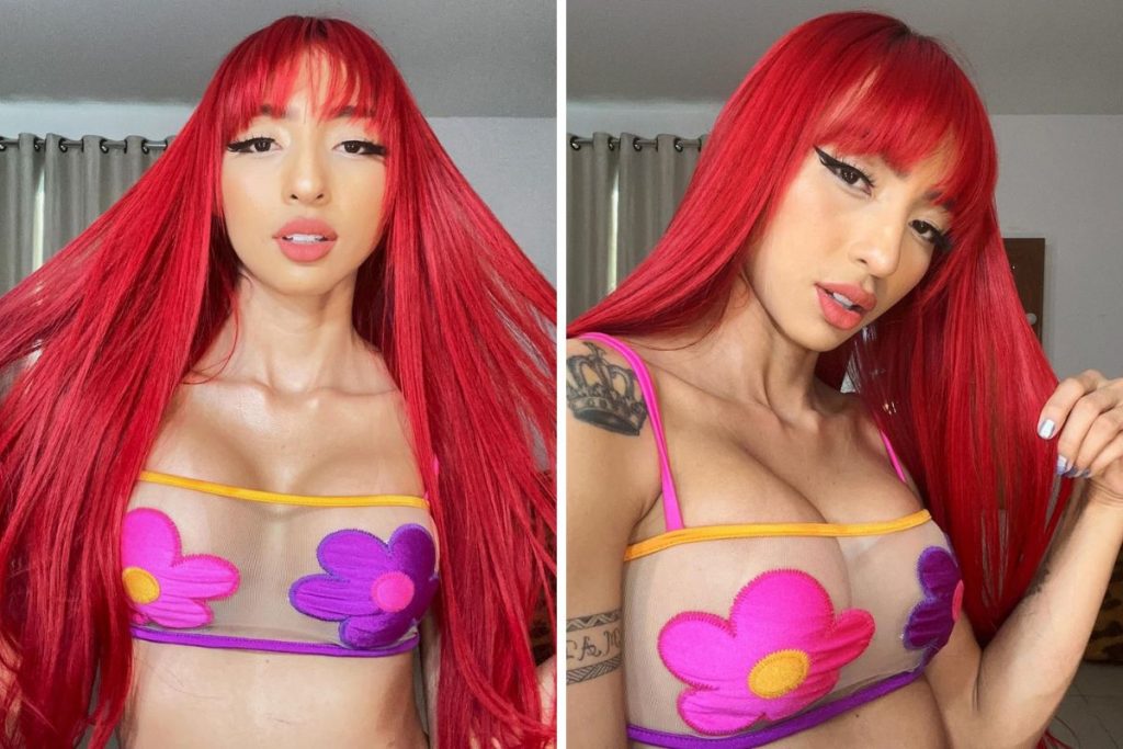 ruivinha-de-marte-silicone-1024x683-1 Ruivinha de Marte com próteses de silicone nos seios e usando um top de flores coloridas