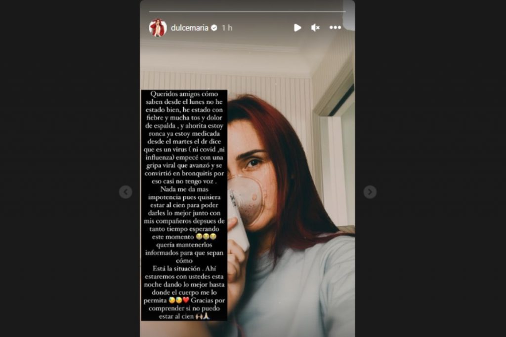 Stories de Dulce Maria relatando estar sem voz após bronquite