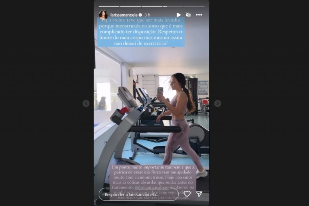 Stories de Larissa Manoela falando da importância de atividade física com Endometriose