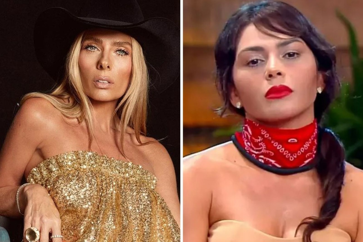 A Fazenda 15 - Adriane Galisteu de chapéu preto e vestido dourado, Nadja de lenço vermelho no pescoço