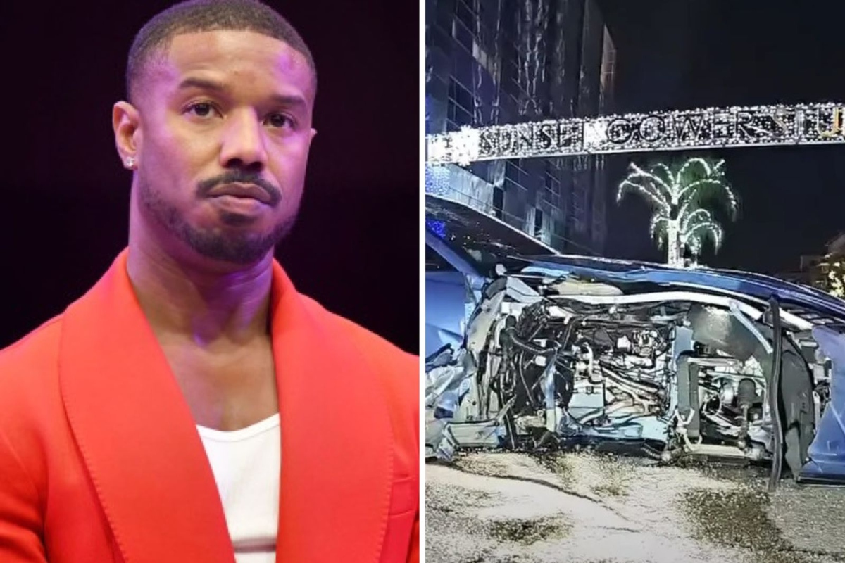 Michael B. Jordan e Ferrari azul destruída