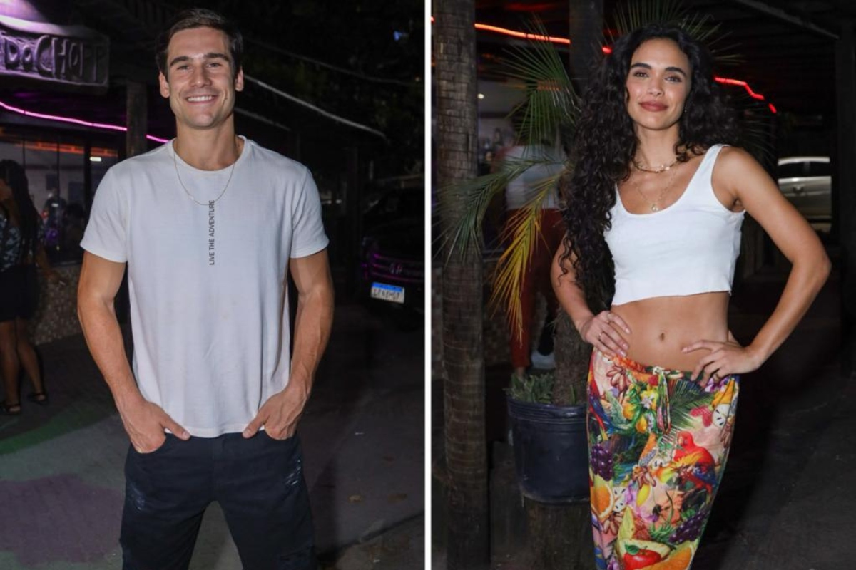 Nicolas Prattes de camisa branca e bermuda - Giovana Cordeiro de calça estampada e cropped branco