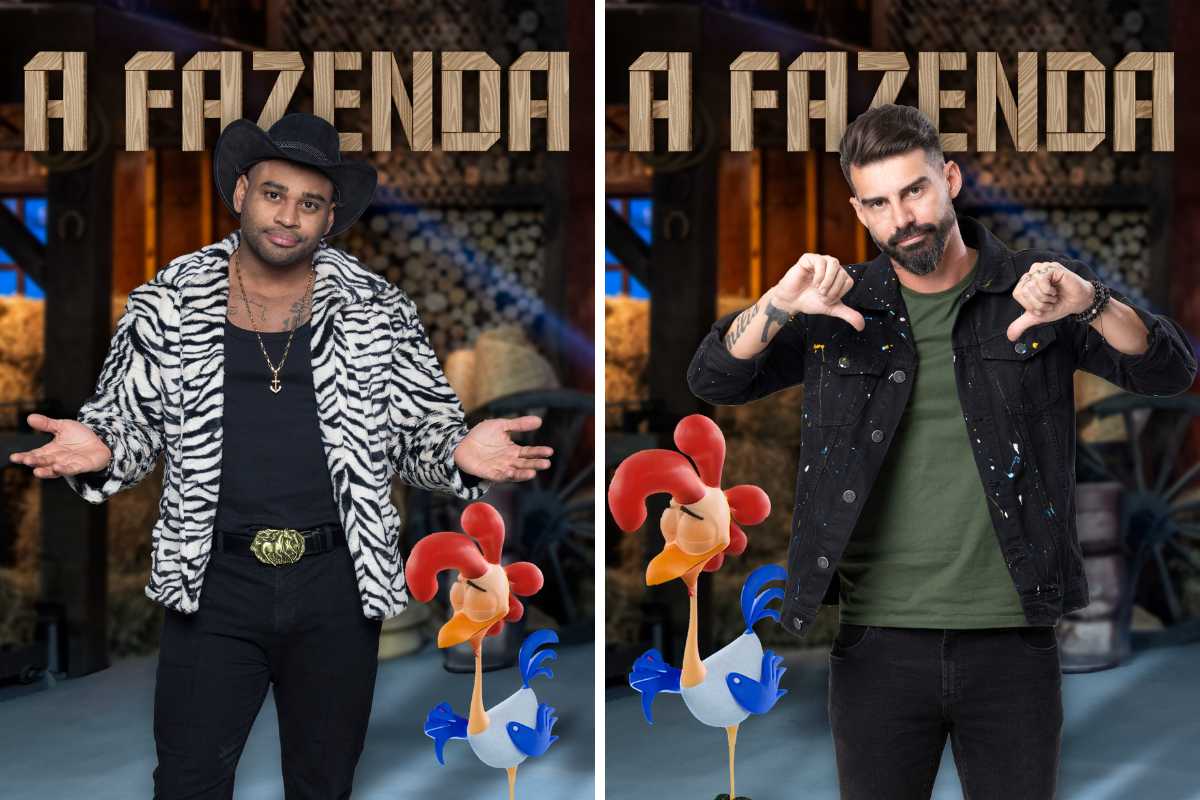 fotomontagem de cezar balck e radamés tristes em cartazes de a fazenda 15