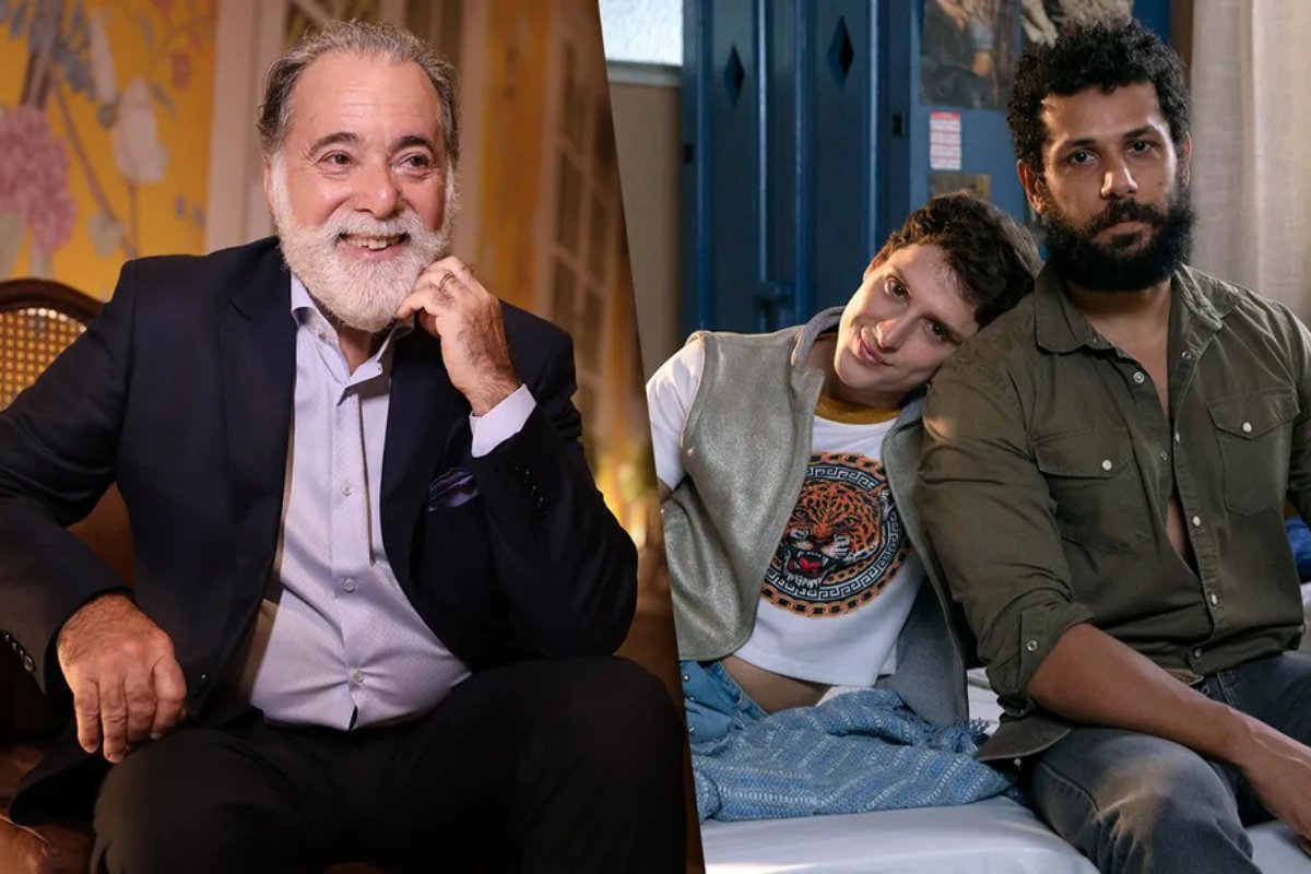 Fotomontagem de Antônio (Tony Ramos) e Kelvin (Diego Martins) com Ramiro (Amaury Lorenzo) em "Terra e Paixão"