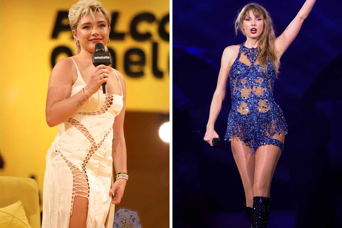 fotomontagem de florence pugh na ccxp23 e taylor swift em show em são paulo