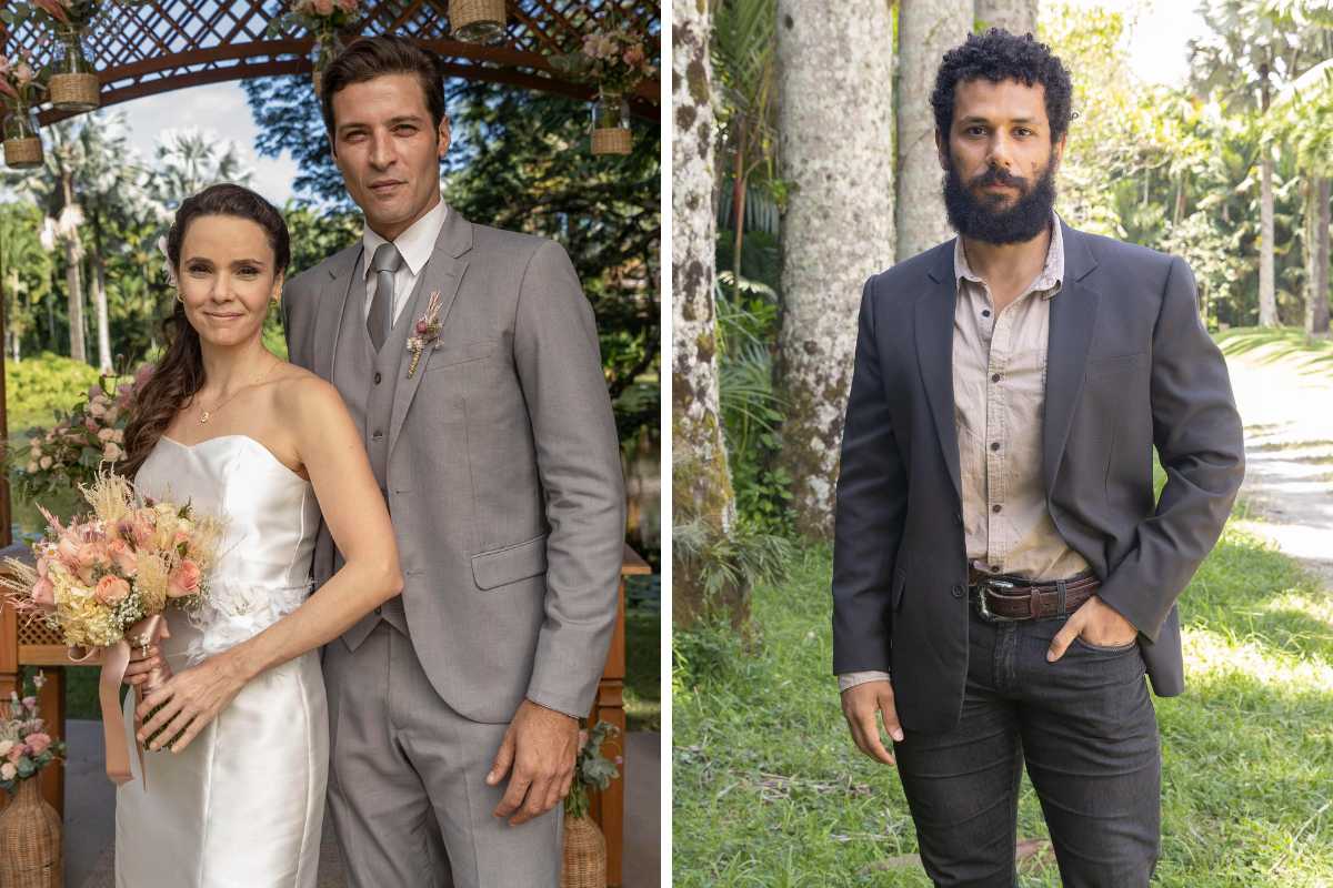 Fotomontagem de Marino (Leandro Lima) casando com Lucinda (Débora Falabella) e Ramiro (Amaury Lorenzo) em Terra e Paixão