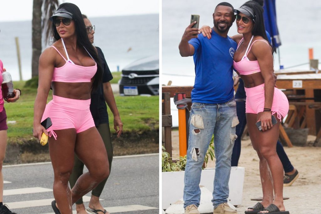 Gracyanne Barbosa foi clicada posando com fãs na praia da Barra da Tijuca