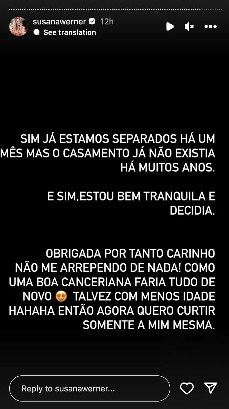 Susana Werner anunciando fim de casamento com Julio Cesar