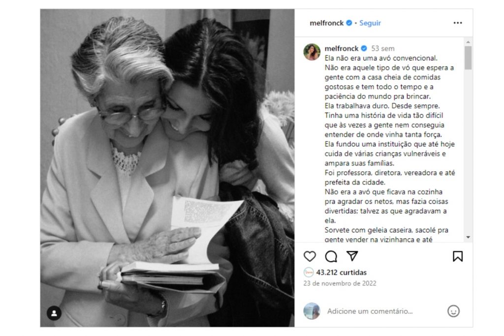 Postagem de Mel Fronckowiak sobre morte da avó