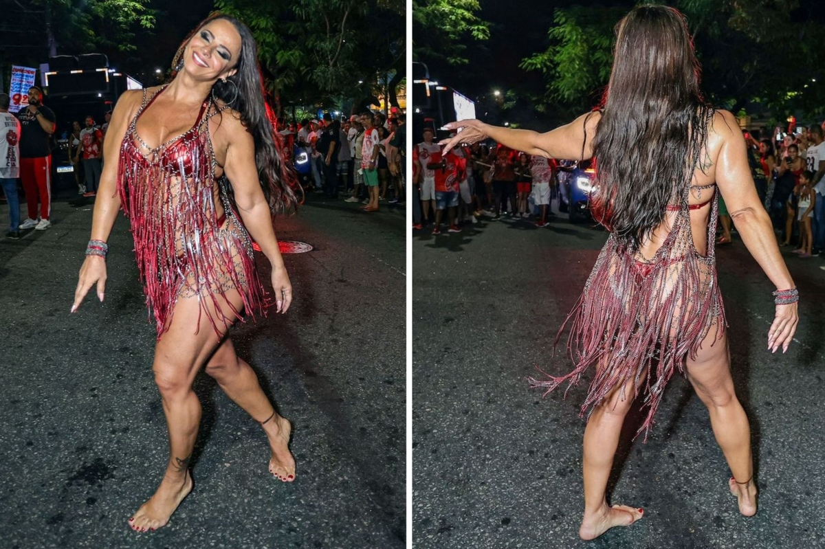 Viviane Araújo sambando descalça, de biquíni vermelho e vestido vermelho de franjas vazado