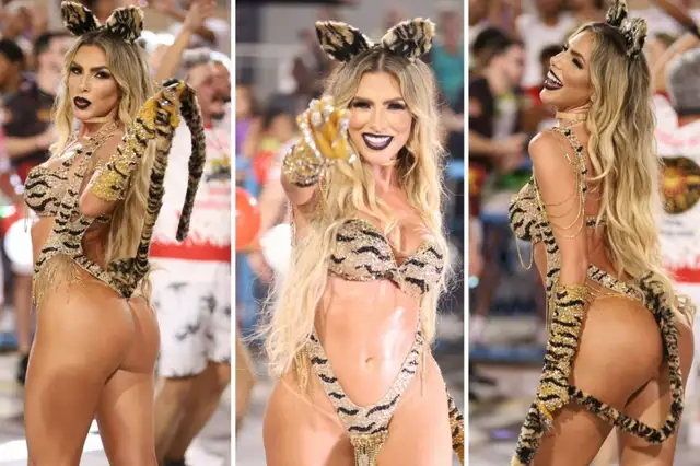 Erika Schneider fantasiada de tigresa, na Sapucaí