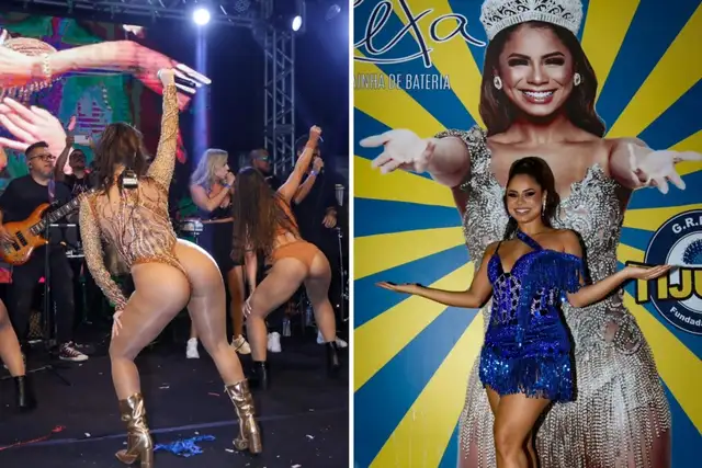 Lexa de body de manga dourado, estilizado, com coroa no mesmo estilo, dançando, e de vestido azul estilizado, posada