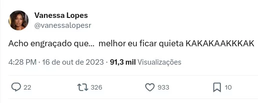 Post de Vanessa Lopes no X, com suposta indireta à Yasmin Brunet