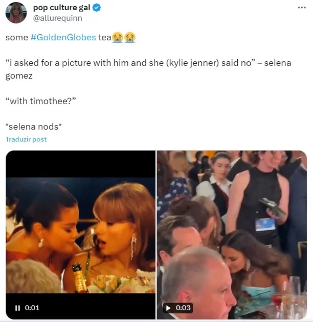 Selena e Taylor no Globo de Ouro. (Reprodução/Twitter @allurequinn)