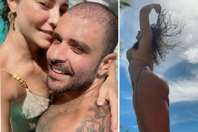Paolla Oliveira de biquíni abraçada a Diogo Nogueira