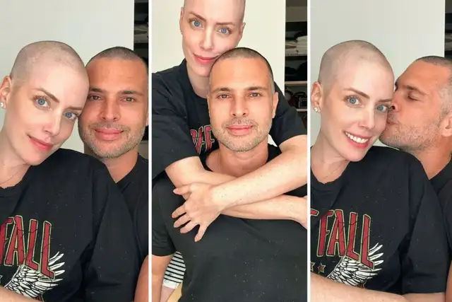 Fabiana Justus com o marido, Bruno D'ancona, ambos de cabeça raspada e camisa preta