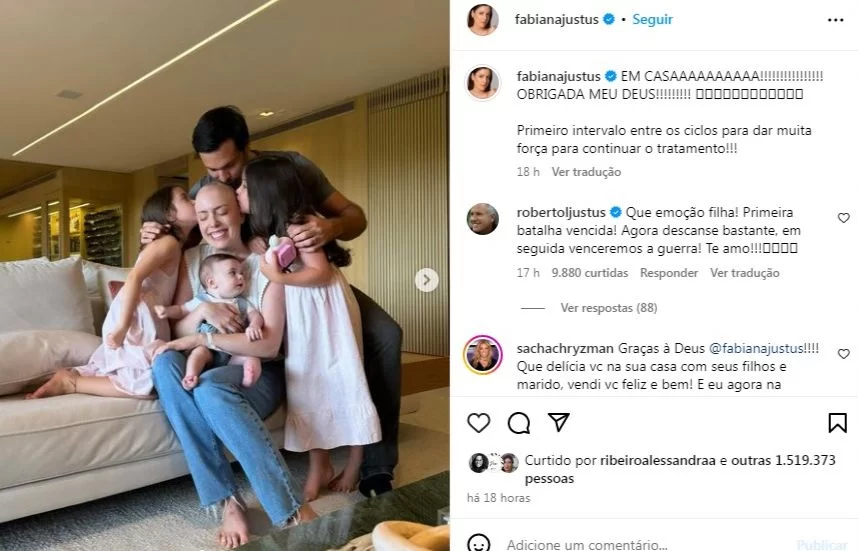 Família comemorando alta de Fabiana Justus