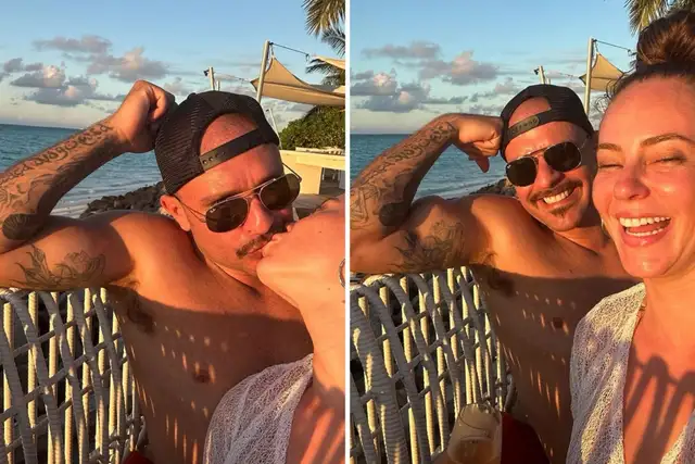 Diogo Nogueira de boné preto, sem camisa, com Paolla Oliveira, de camisa branca
