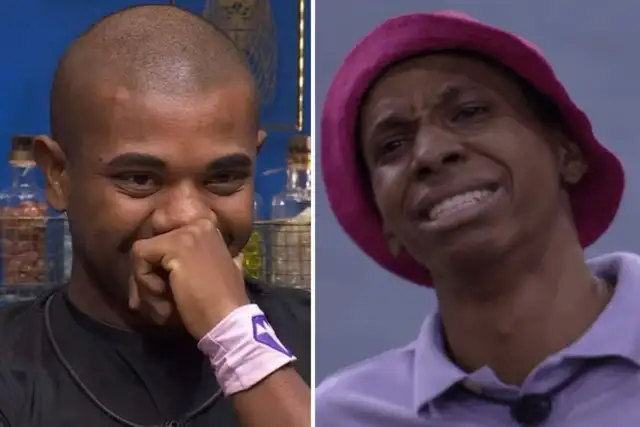 BBB 24 - Davi de camisa preta, com a mão na boca - Lucas Penteado de chapéu rosa e camisa roxa, chorando