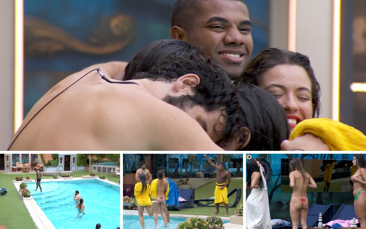 Davi, Matteus, Alane, Bia e Isabelle pulam pelados na piscina da casa do BBB 24.