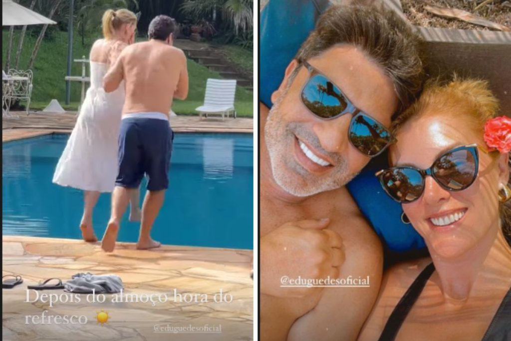 Edu Guedes e Ana Hickmann pulam na piscina e posam em clima de romance