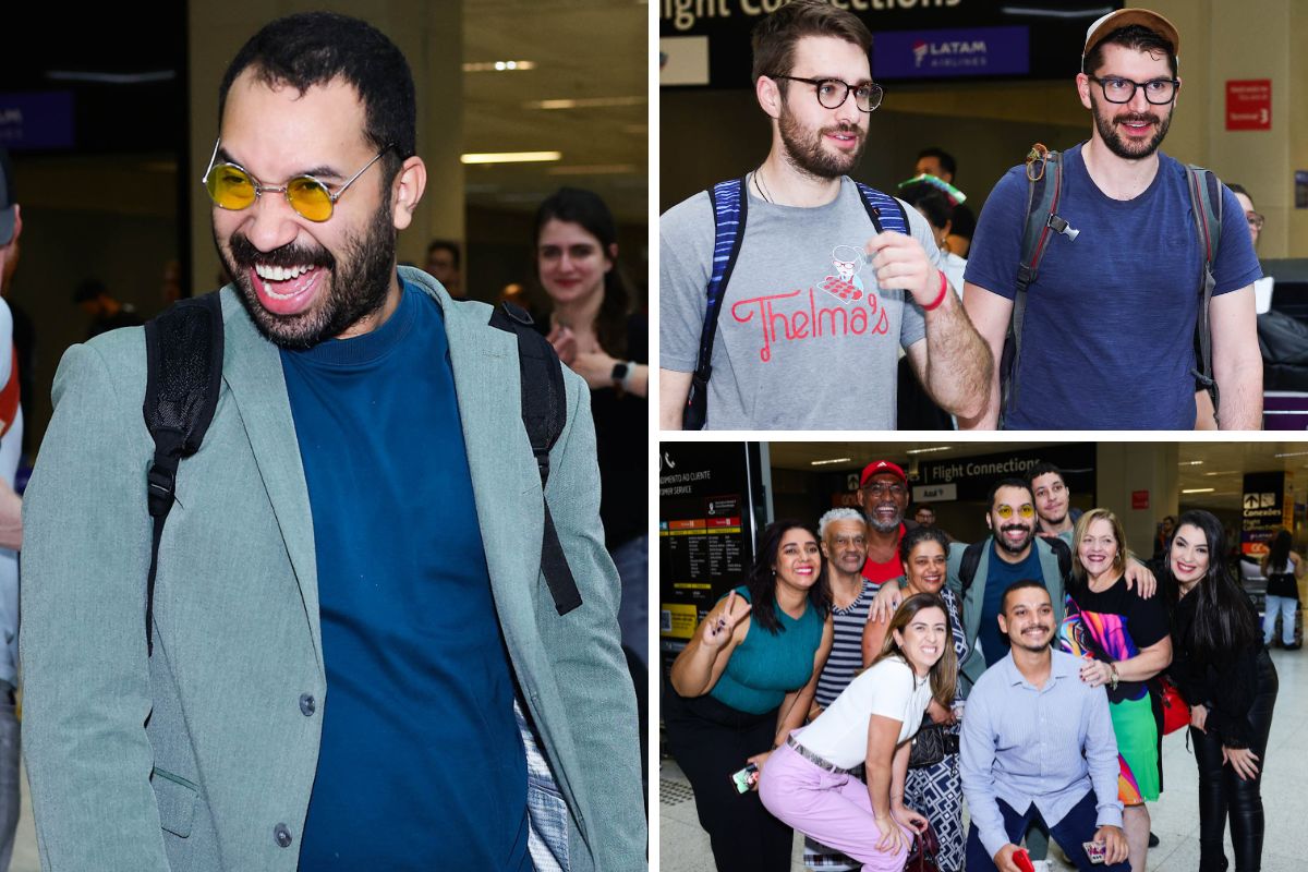 Gil do Vigor desembarcou no aeroporto de Guarulhos com o namorado e foi recebido por fãs