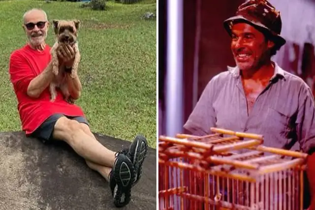 Osmar Prado com cachorro, atualmente, e imagem antiga, dele caracterizado como Tião Galinha, de Renascer, segurando uma gaiola