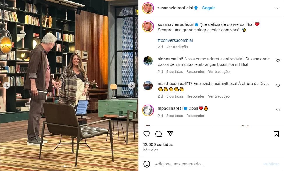 Susana Vieira é recebida por Pedro Bial em seu programa