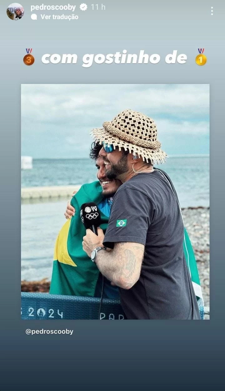 Pedro Scooby comemora a medalha do amigo Gabriel Medina nas olímpiadas de Paris. (Foto: reprodução/Instagram/@pedroscooby) Lorena Bueri