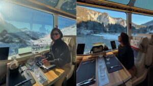 Juliana Paes passeia em trem luxuoso nos Alpes Suíços