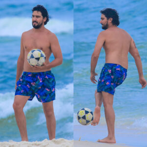 Renato Góes curte dia na praia ao lado do filho, Francisco