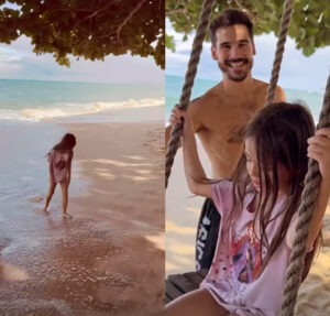 Sabrina Sato mostra Zoe se divertindo com Nicolas Prattes na praia