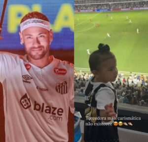 Mavie protagoniza momento fofo com Neymar Jr. antes de jogo e surge torcendo pelo pai na arquibancada; confira