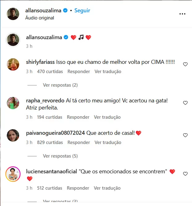 Comentários e elogios feitos no vídeo compartilhado pelo casal (Foto: reprodução/Instagram/@debranascimento/@allansouzalima) Lorena Bueri