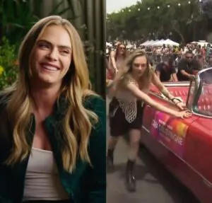 Carro de Cara Delevingne enfrenta problema em parada LGBTQIAPN+ e modelo desce para empurrá-lo