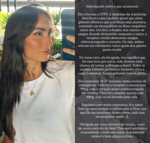 Clara Maia revela causa da morte de um dos gêmeos e emociona com mensagem de fé: Tudo tem um propósito maior