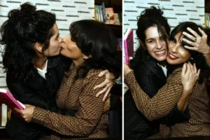 Maria Ribeiro recebe famosos e distribui selinho ao lançar livro