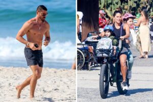 Cauã Reymond corre na praia e Daniella Sarahyba anda de bicicleta com os filhos