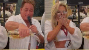 Leonardo surpreende Poliana Rocha ao “batizar” bolo com bebida em cruzeiro; vídeo repercute