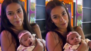 Key Alves leva filha recém-nascida para conhecer réplica da casa do BBB