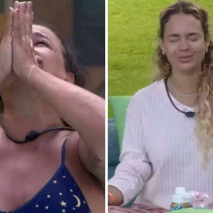 fotomontagem de solange couto e sarah andrade chorando na área externa do bbb 26