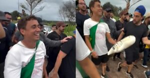 Em caminhada, Nikolas chuta boneco de Lula e diz: “É pelo Brasil”