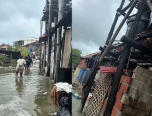 Homem é forçado a deixar hotel após chuva forte com ruas alagadas de esgoto; VEJA VÍDEO