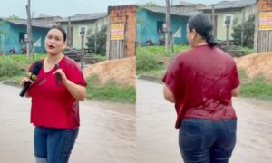 Repórter da Band leva banho de carro durante gravação em rua alagada