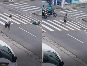 Motociclista empina moto, atropela idosa e foge sem prestar socorro; VEJA VÍDEO