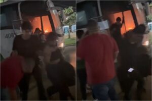 Ônibus com universitários pega fogo e causa pânico em MT; Veja Vídeo